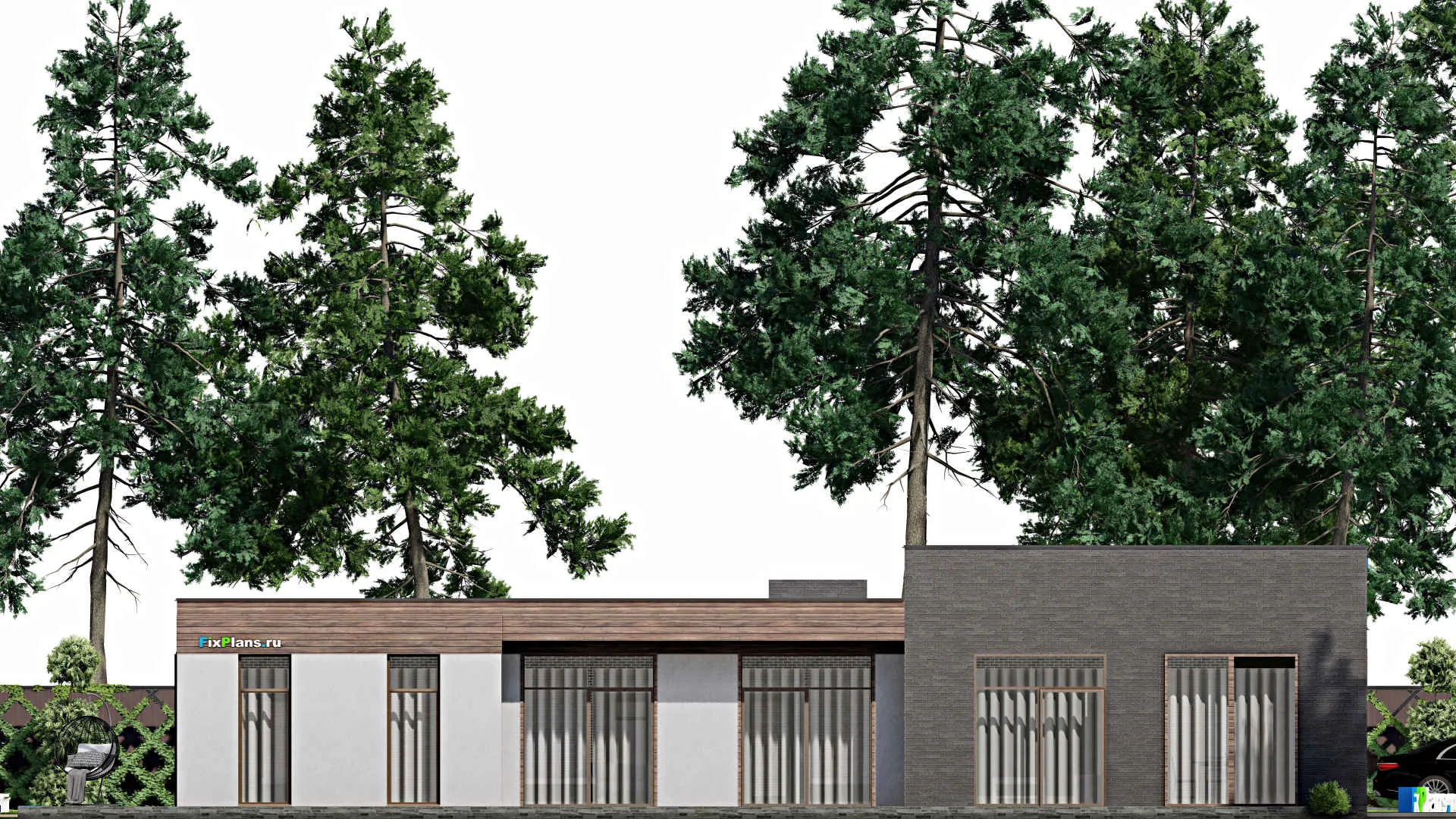 F-6065 - Проект одноэтажного дома 16 на 23, площадью 330 м² с террасой, гаражом на 2 машины и 4 спальнями