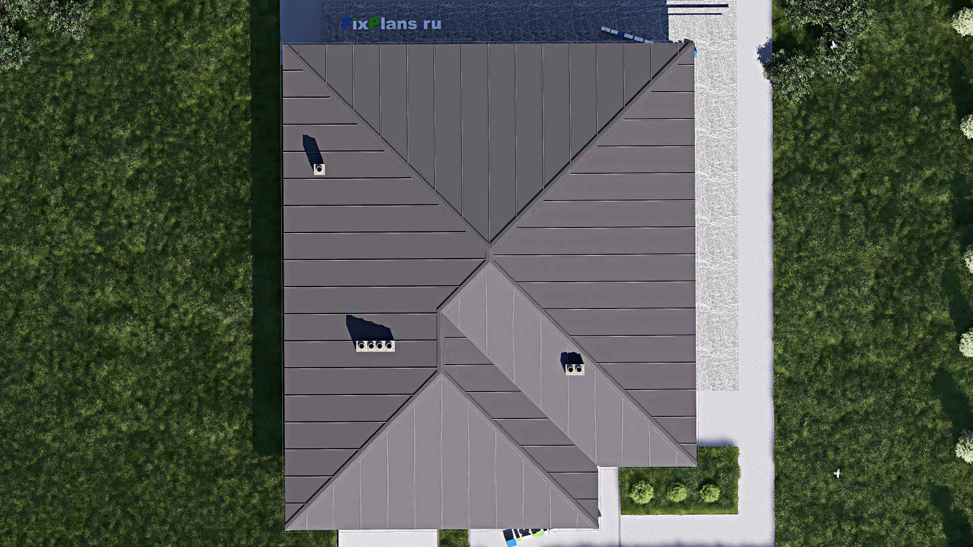 F-16451 - Проект одноэтажного дома 18 на 21, площадью 280 м² с террасой, гаражом на 1 машину и 3 спальнями