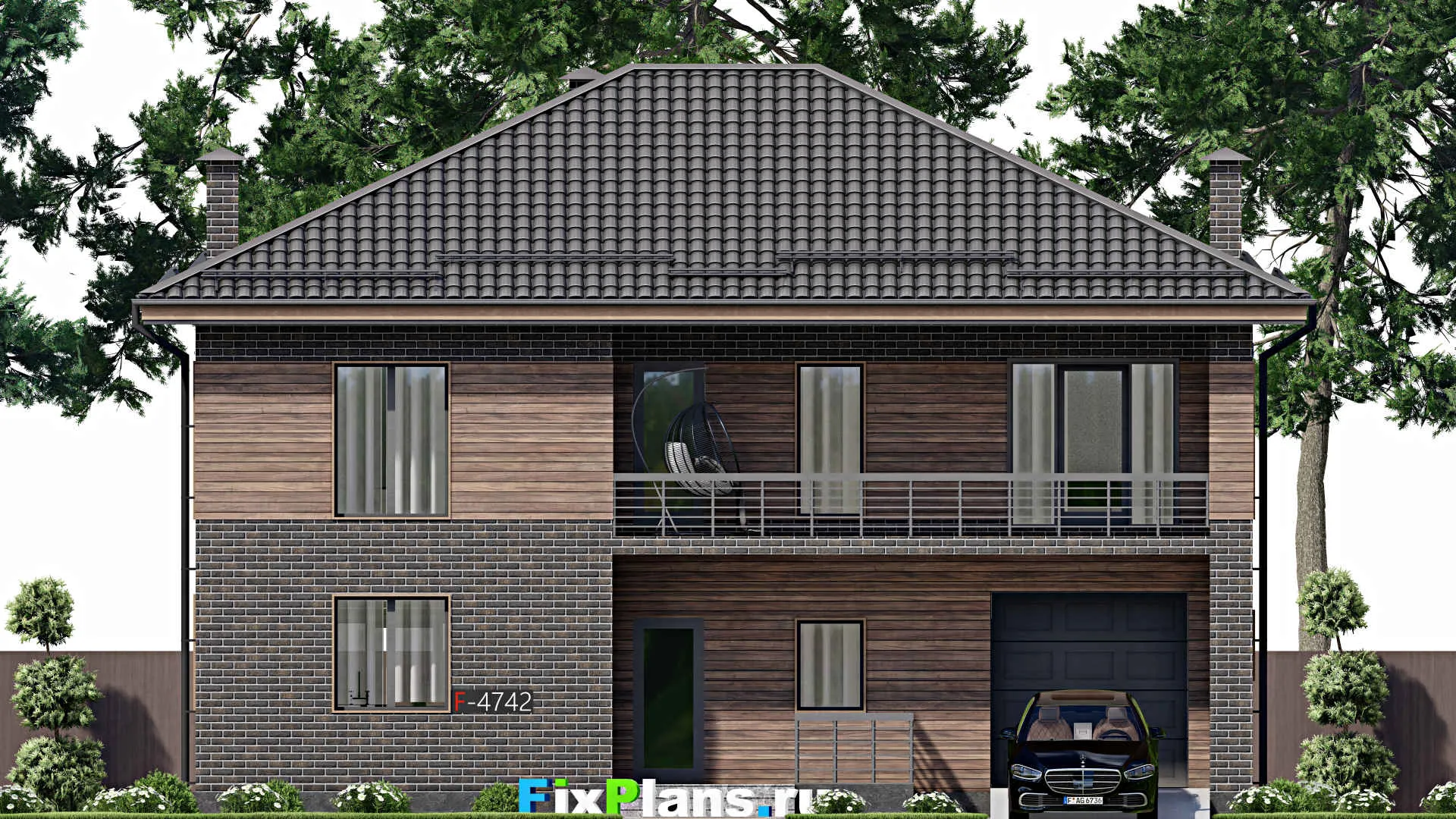F-4742 - Проект двухэтажного дома 11 на 14, площадью 230 м² с балконом, гаражом на 1 машину и 4 спальнями