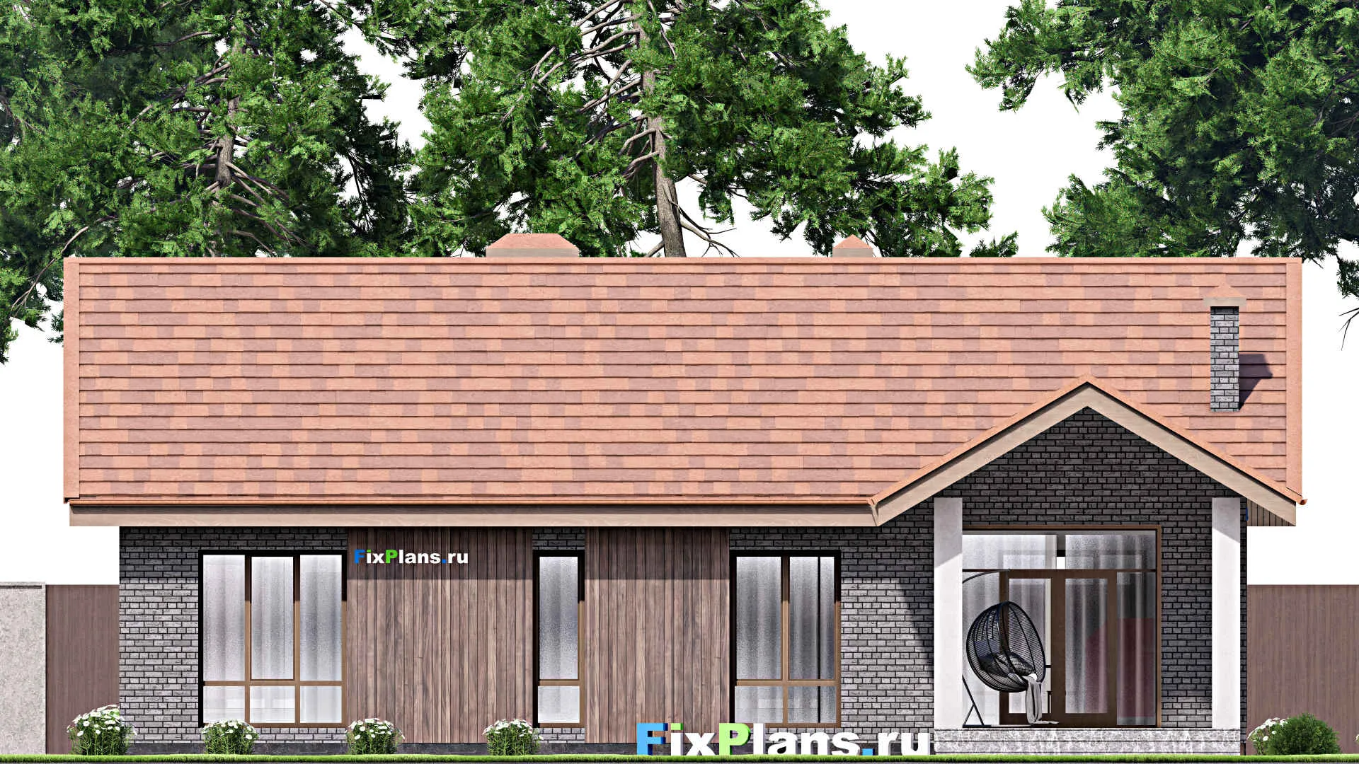 F-14390 - План одноэтажного дома 14 на 16, площадью 130 м² с террасой и 3 спальнями