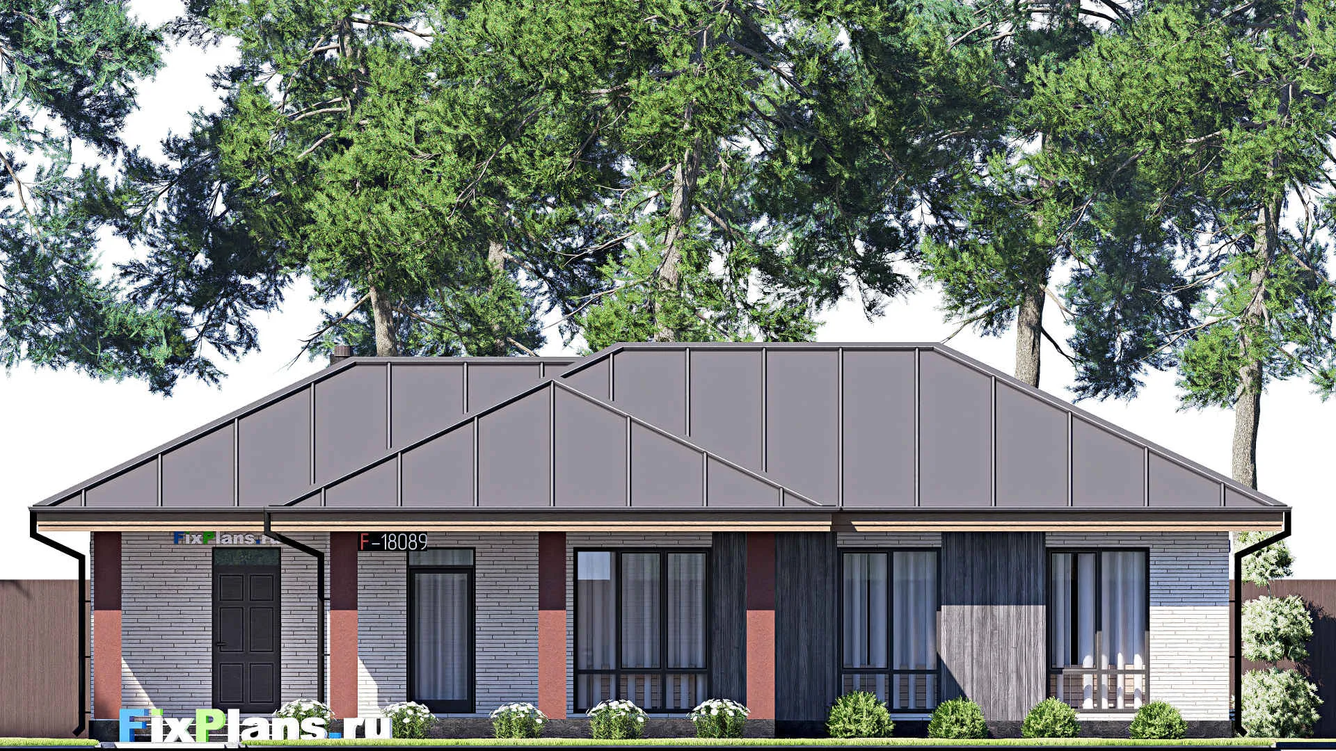 F-18089 - План одноэтажного дома 11 на 17, площадью 120 м² с террасой и 2 спальнями