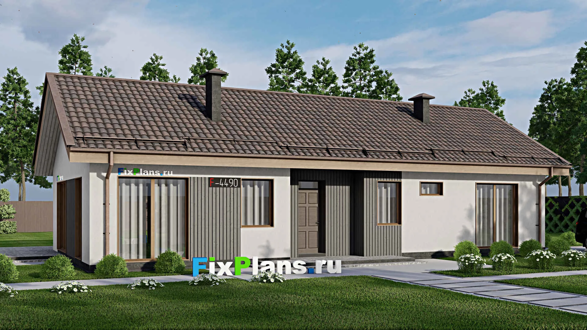 F-4490 - Проект одноэтажного дома 8 на 17, площадью 150 м² с террасой и 3 спальнями