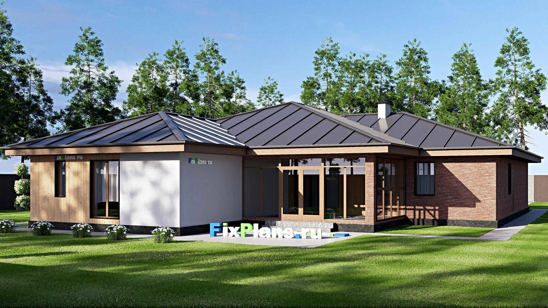 F-18692 - Проект одноэтажного дома 18 на 23, площадью 260 м² с террасой, баней, гаражом на 2 машины и 4 спальнями