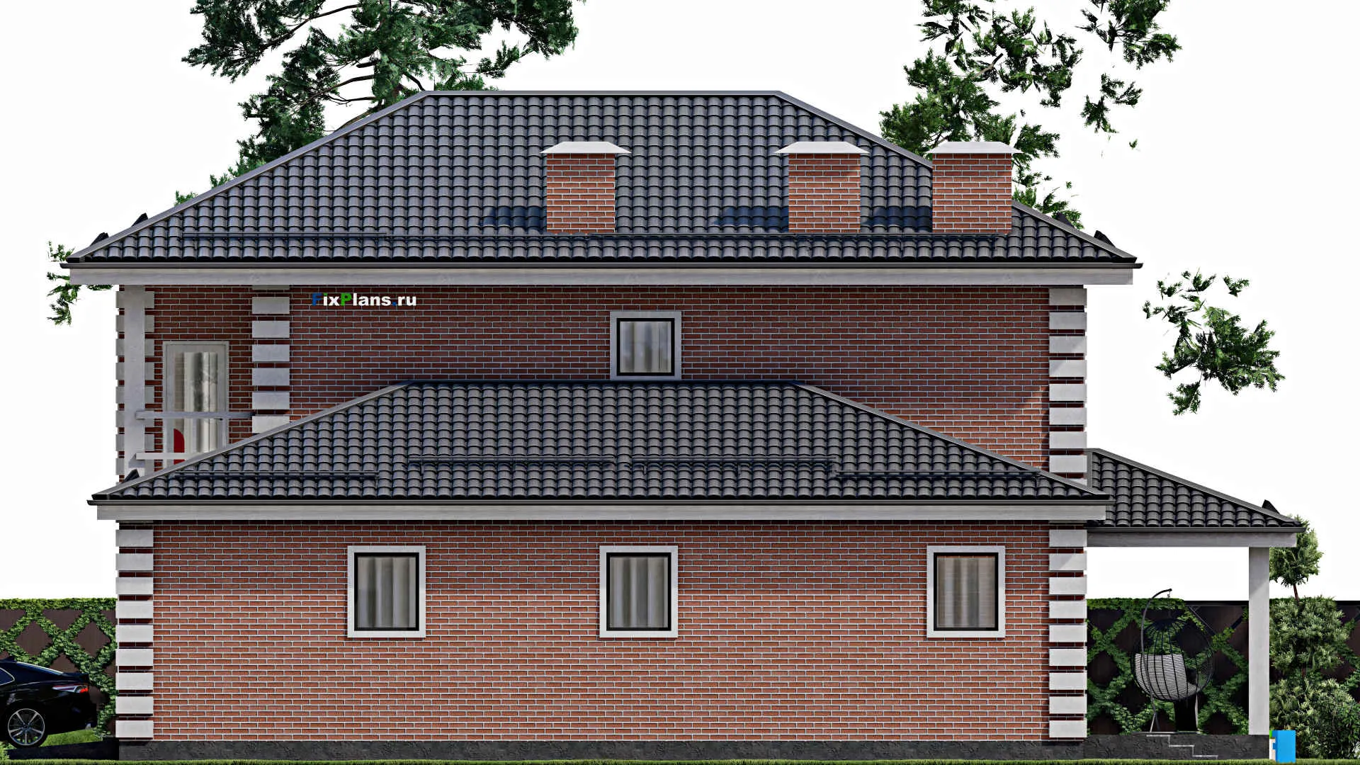 F-3608 - Проект двухэтажного дома 15 на 16, площадью 270 м² с террасой, балконом, гаражом на 2 машины и 4 спальнями