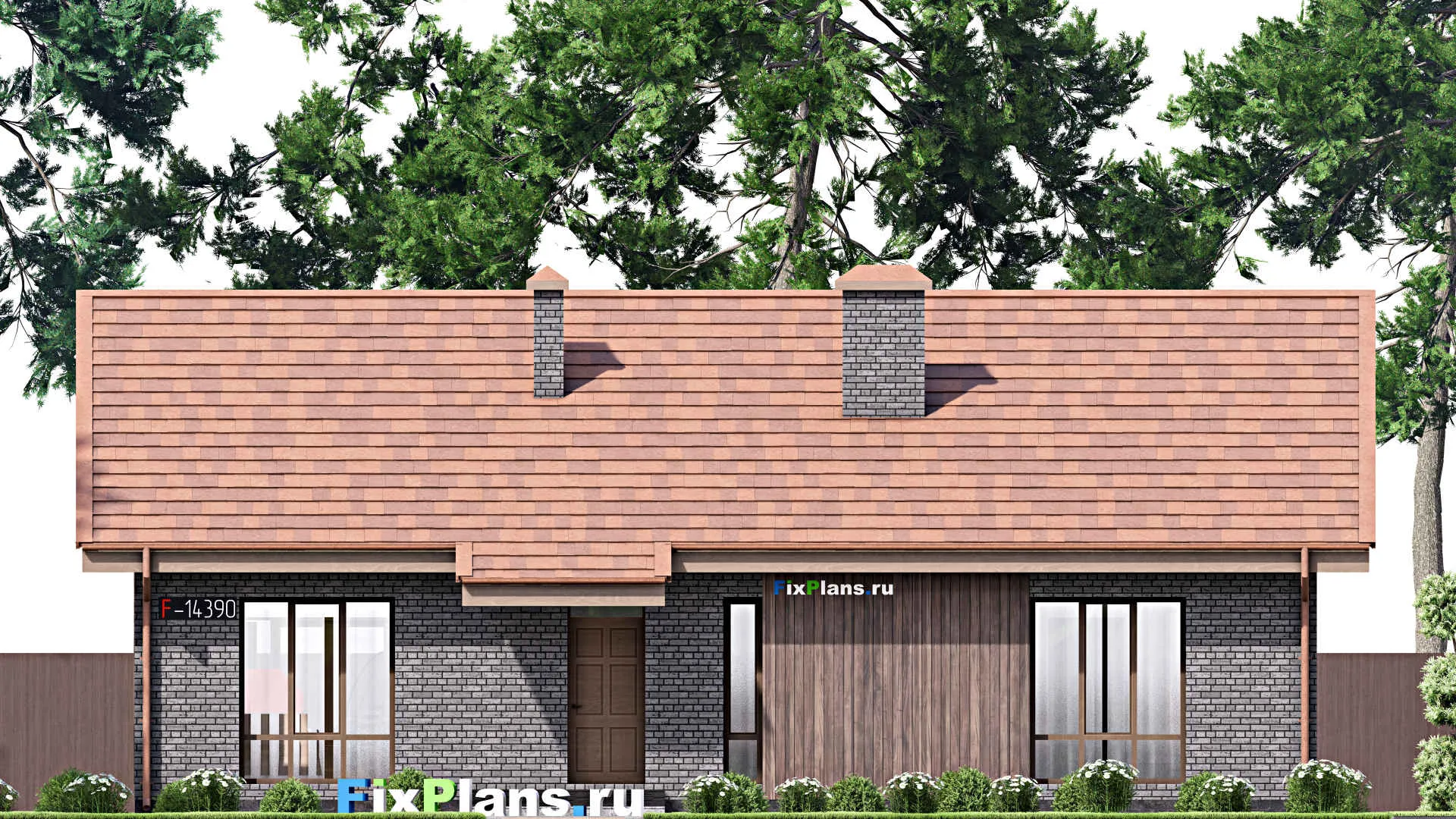 F-14390 - План одноэтажного дома 14 на 16, площадью 130 м² с террасой и 3 спальнями