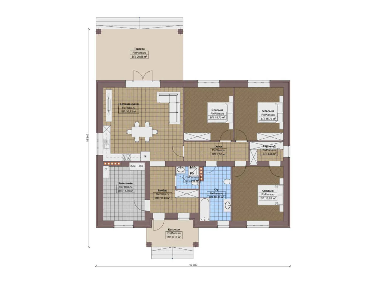 F-14381 - План одноэтажного дома 16 на 17, площадью 180 м² с террасой и 3 спальнями