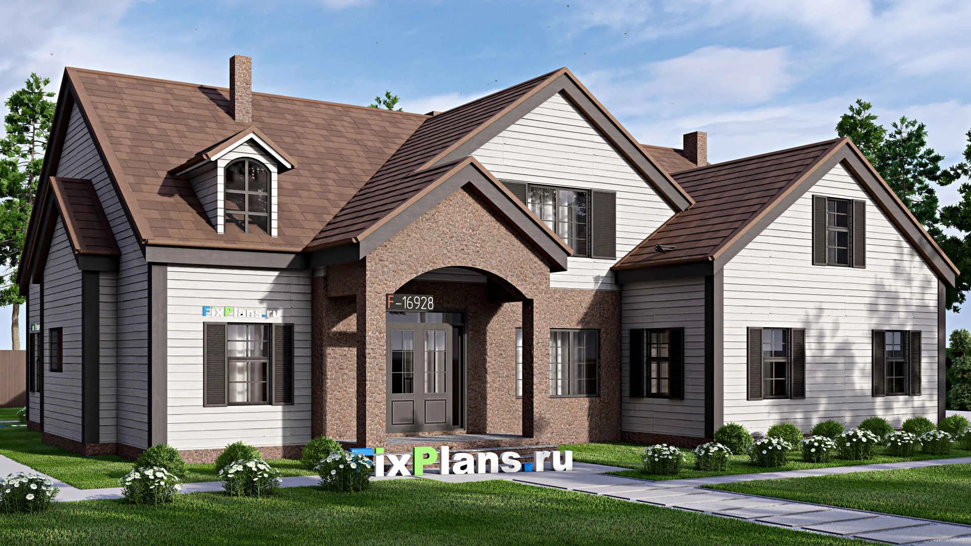 F-16928 - Проект дома с мансардой 19 на 20, площадью 340 м² с террасой, гаражом на 2 машины и 5 спальнями