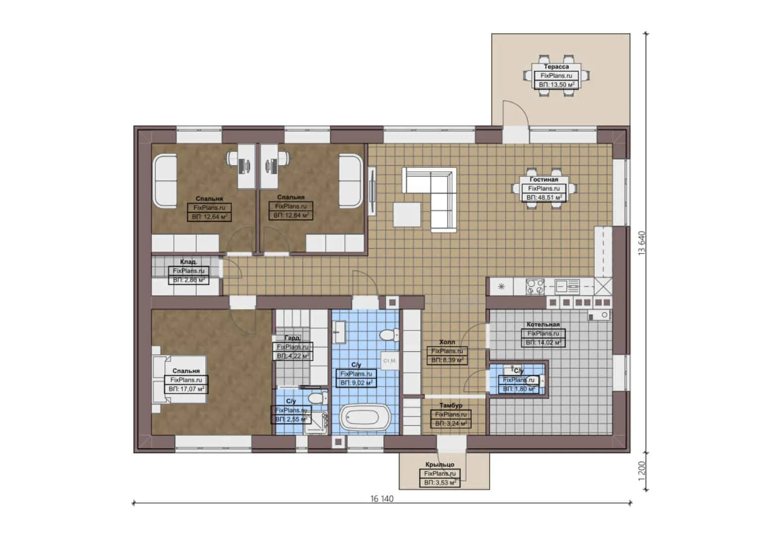 F-0449 - План одноэтажного дома 14 на 17, площадью 160 м² с террасой и 3 спальнями