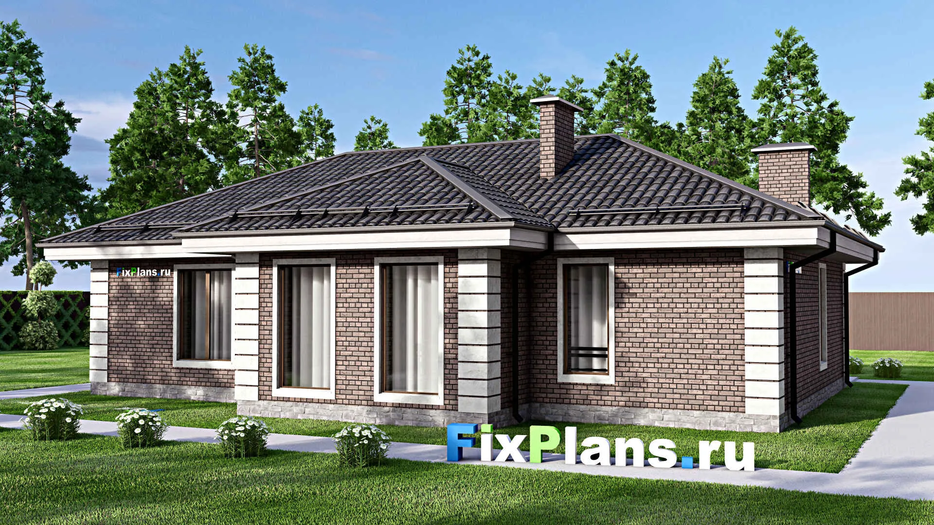 F-14021 - План одноэтажного дома 13 на 15, площадью 110 м² с террасой, баней и 3 спальнями