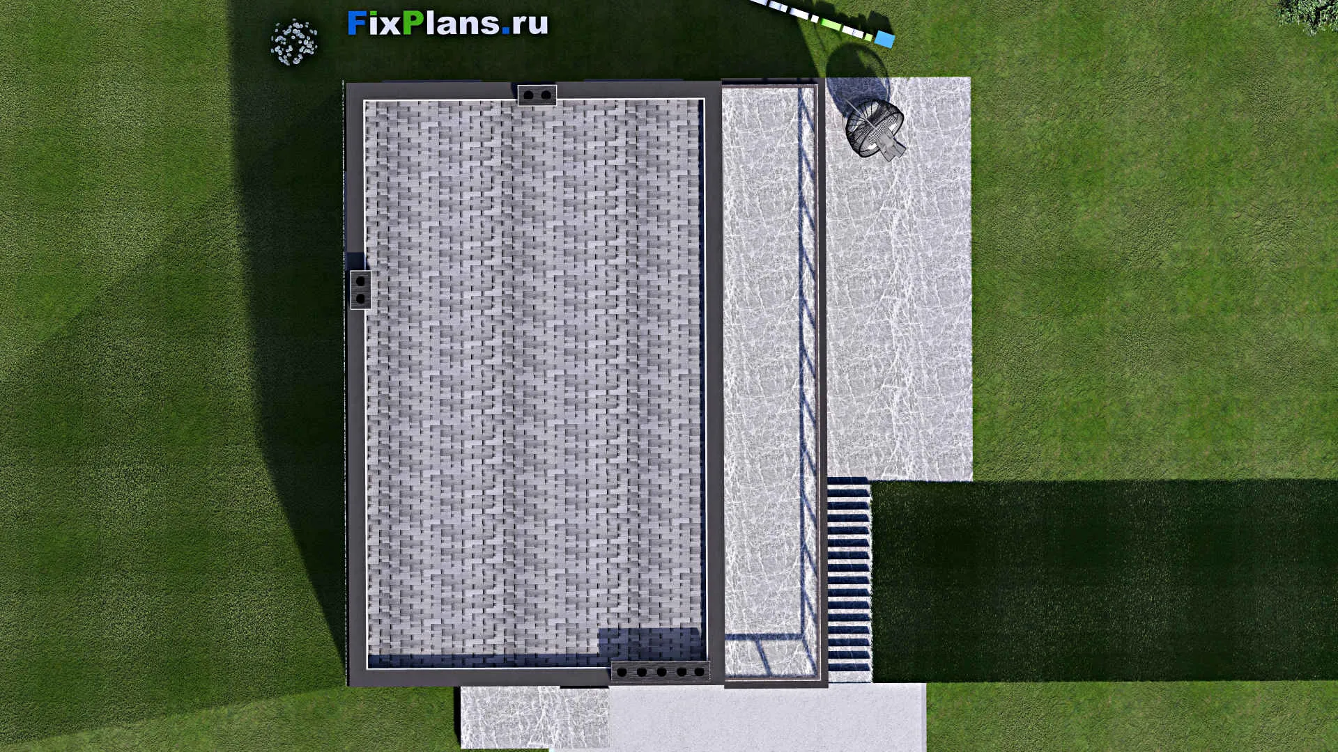 F-3527 - Проект одноэтажного дома 10 на 14, площадью 210 м² с террасой, цокольным этажом, баней и 2 спальнями