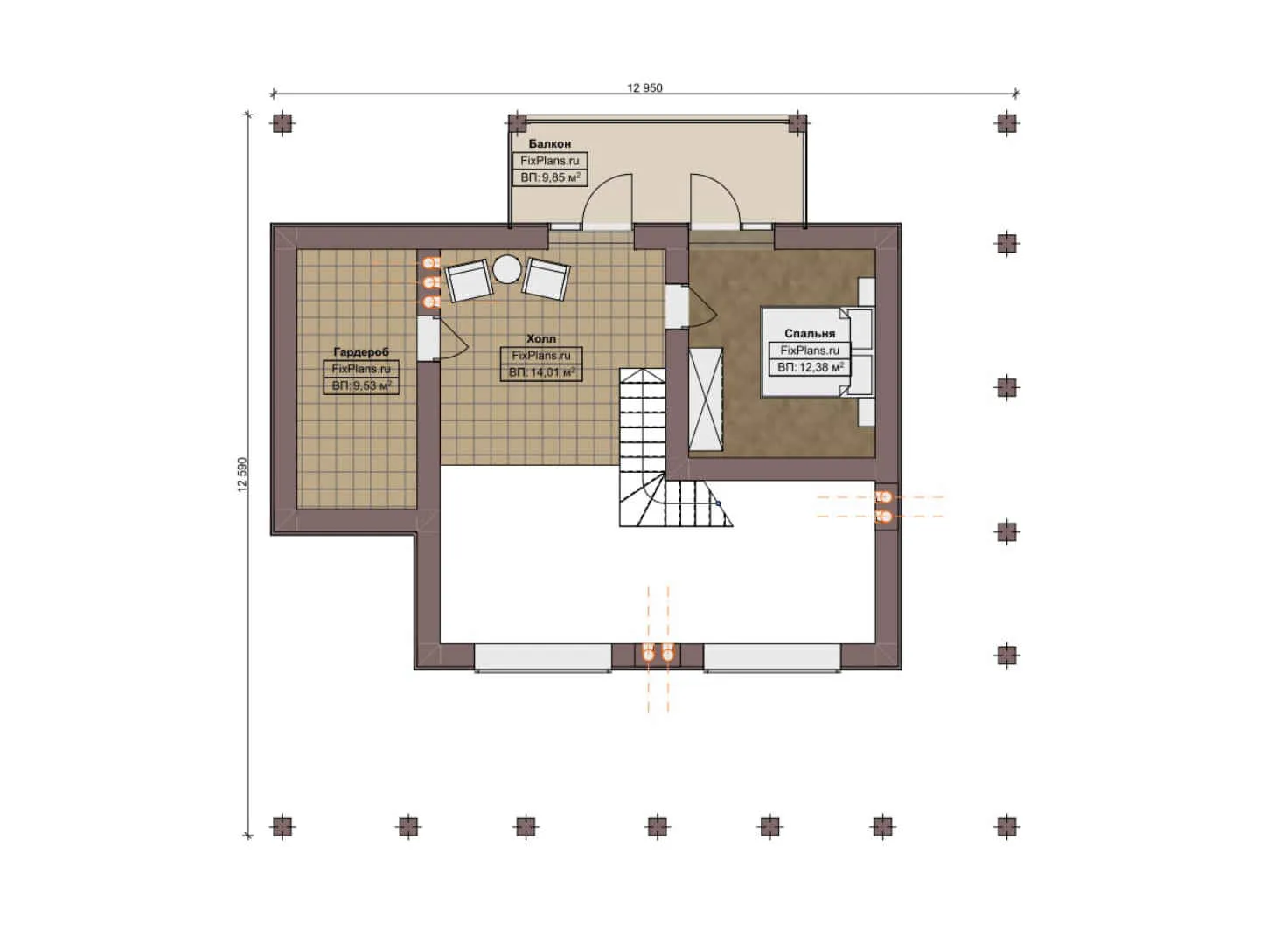 F-8405 - Планы дома с мансардой 13 на 13, площадью 190 м² с террасой, балконом, баней и 2 спальнями