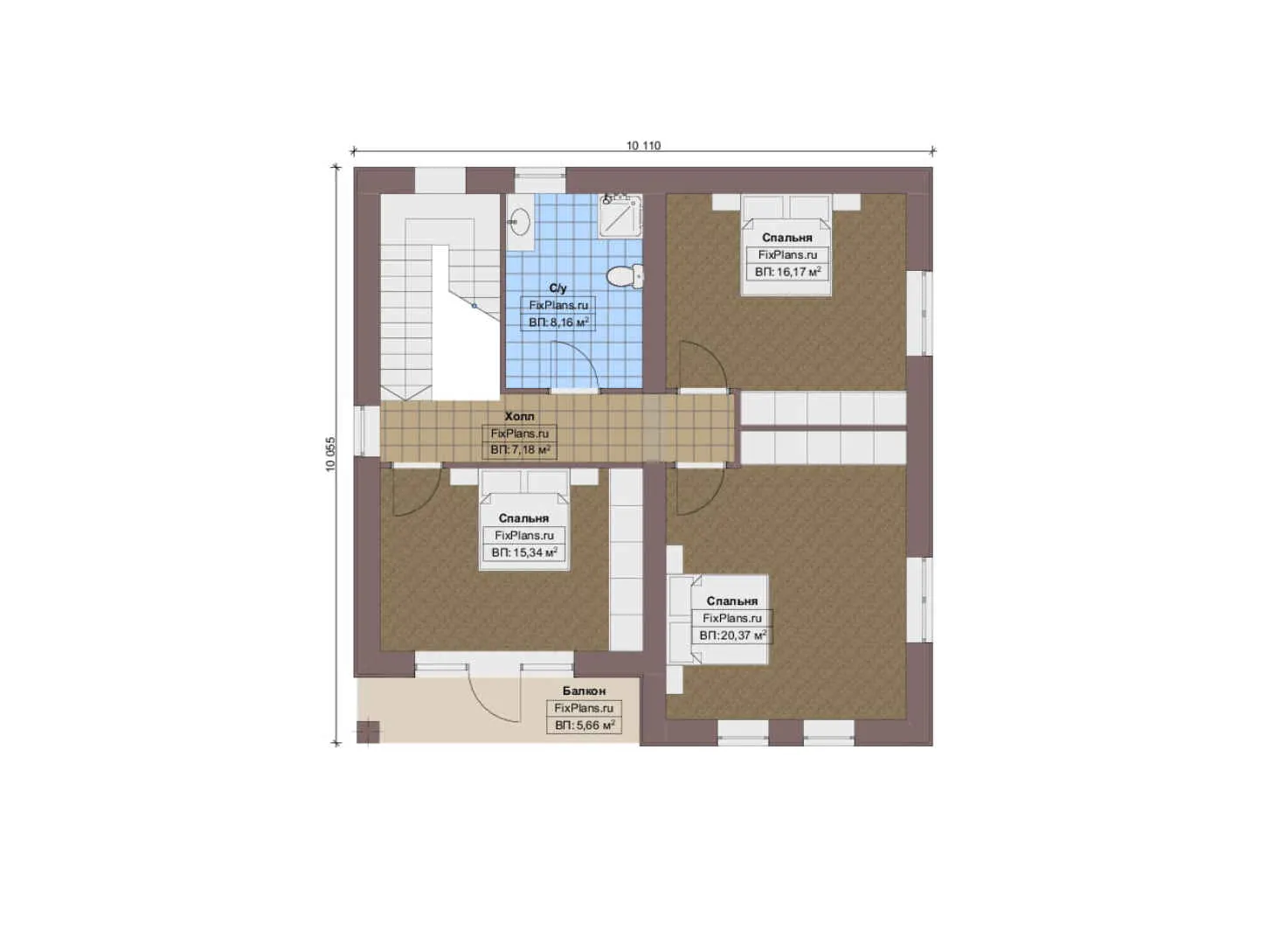 F-13202 - Планы двухэтажного дома 11 на 11, площадью 160 м² с балконом и 3 спальнями