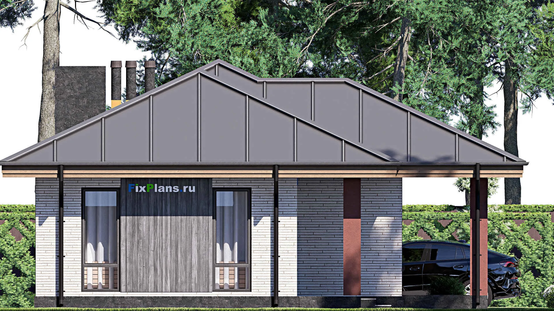 F-18089 - План одноэтажного дома 11 на 17, площадью 120 м² с террасой и 2 спальнями