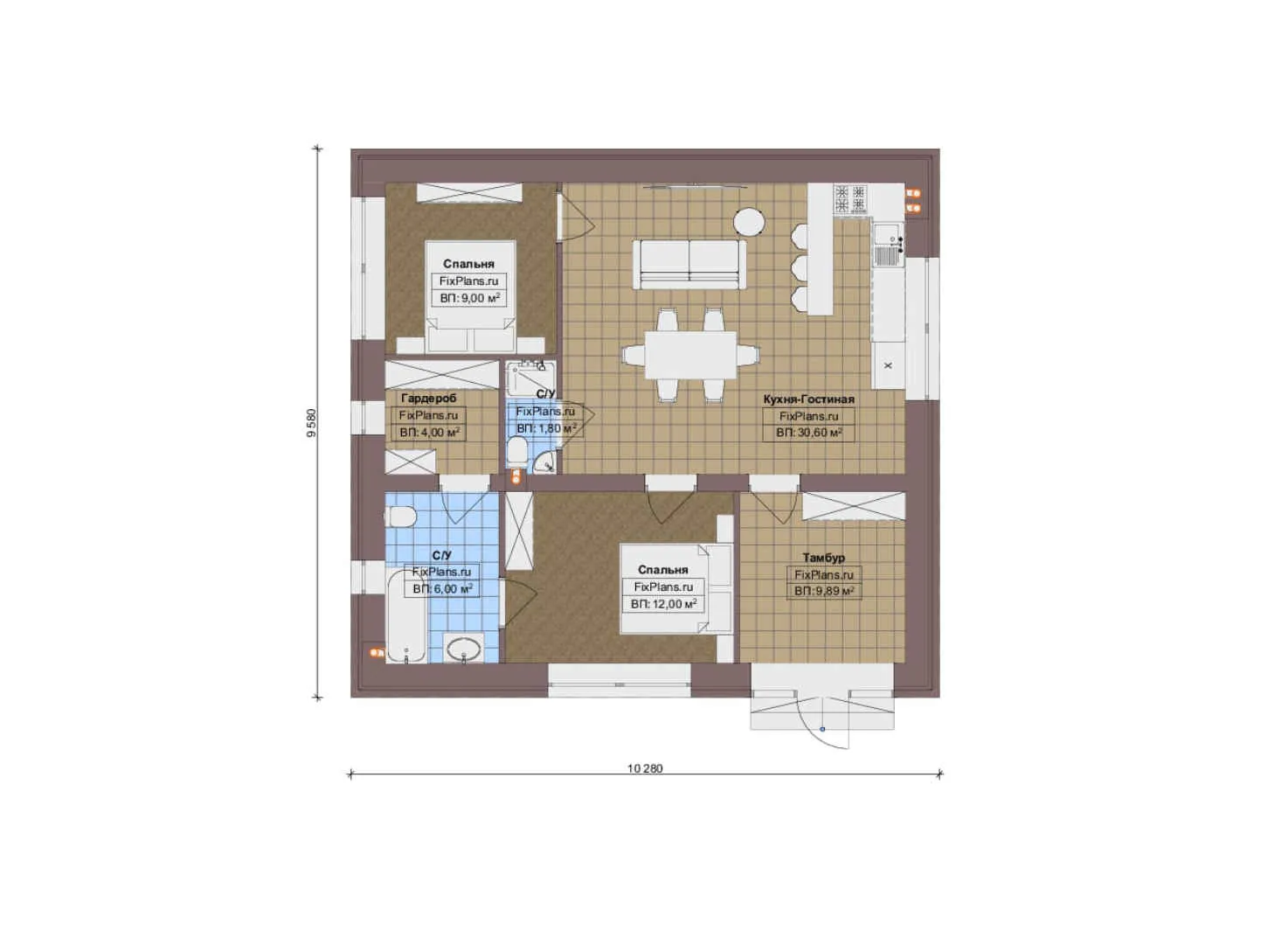 F-20285 - План одноэтажного дома 10 на 11, площадью 80 м² с 2 спальнями