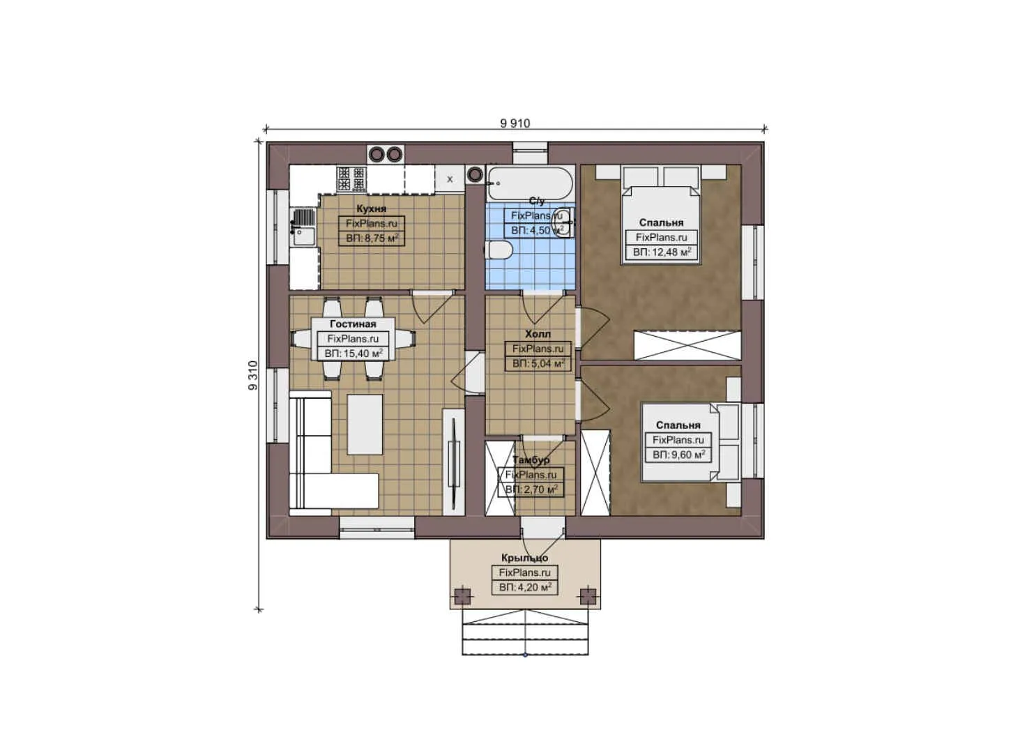 F-7451 - План одноэтажного дома 10 на 10, площадью 60 м² с 2 спальнями