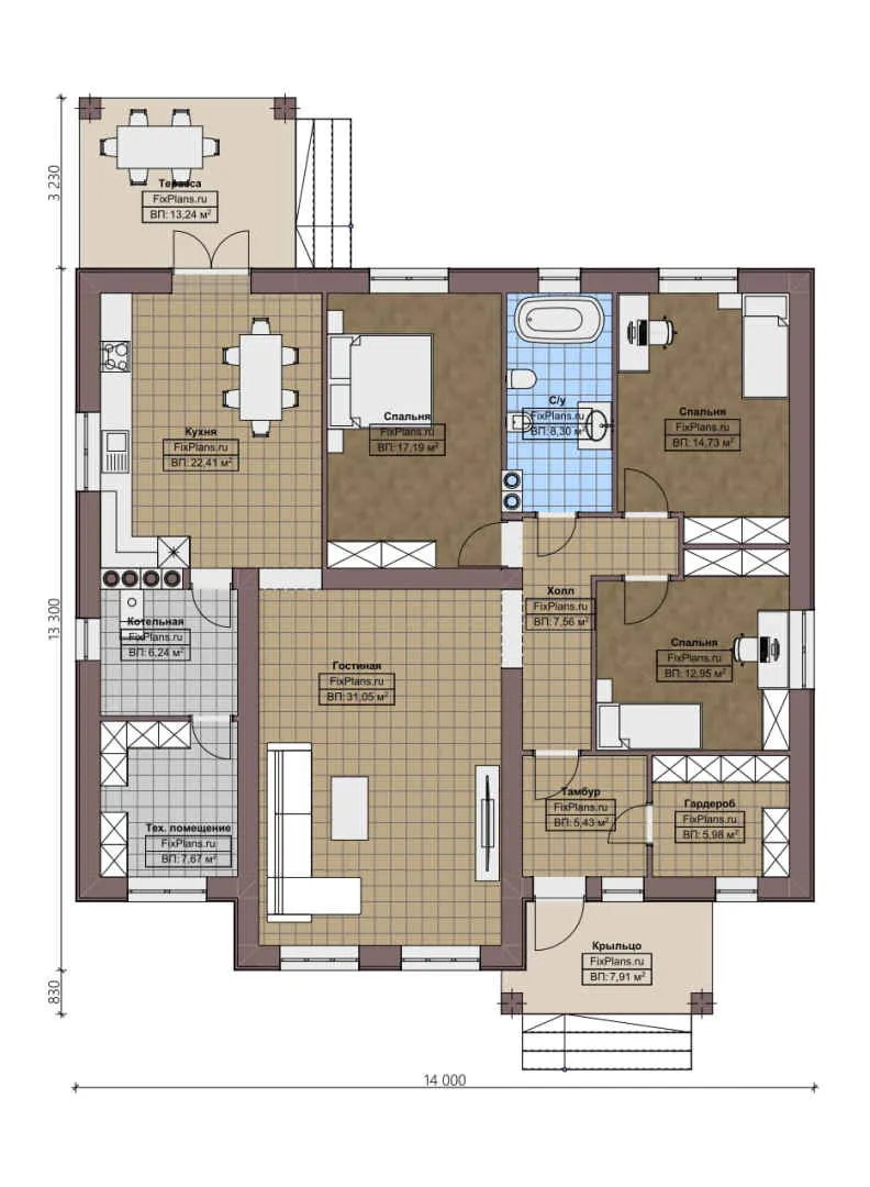 F-3626 - План одноэтажного дома 14 на 14, площадью 170 м² с террасой и 3 спальнями