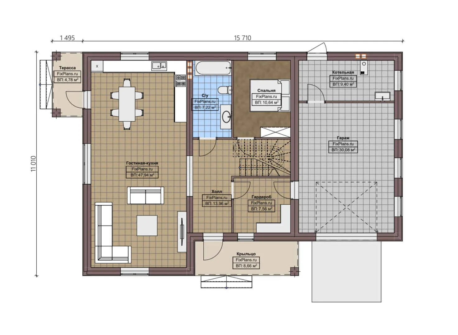 F-2807 - Планы двухэтажного дома 12 на 16, площадью 230 м² с террасой, балконом, гаражом на 1 машину и 6 спальнями