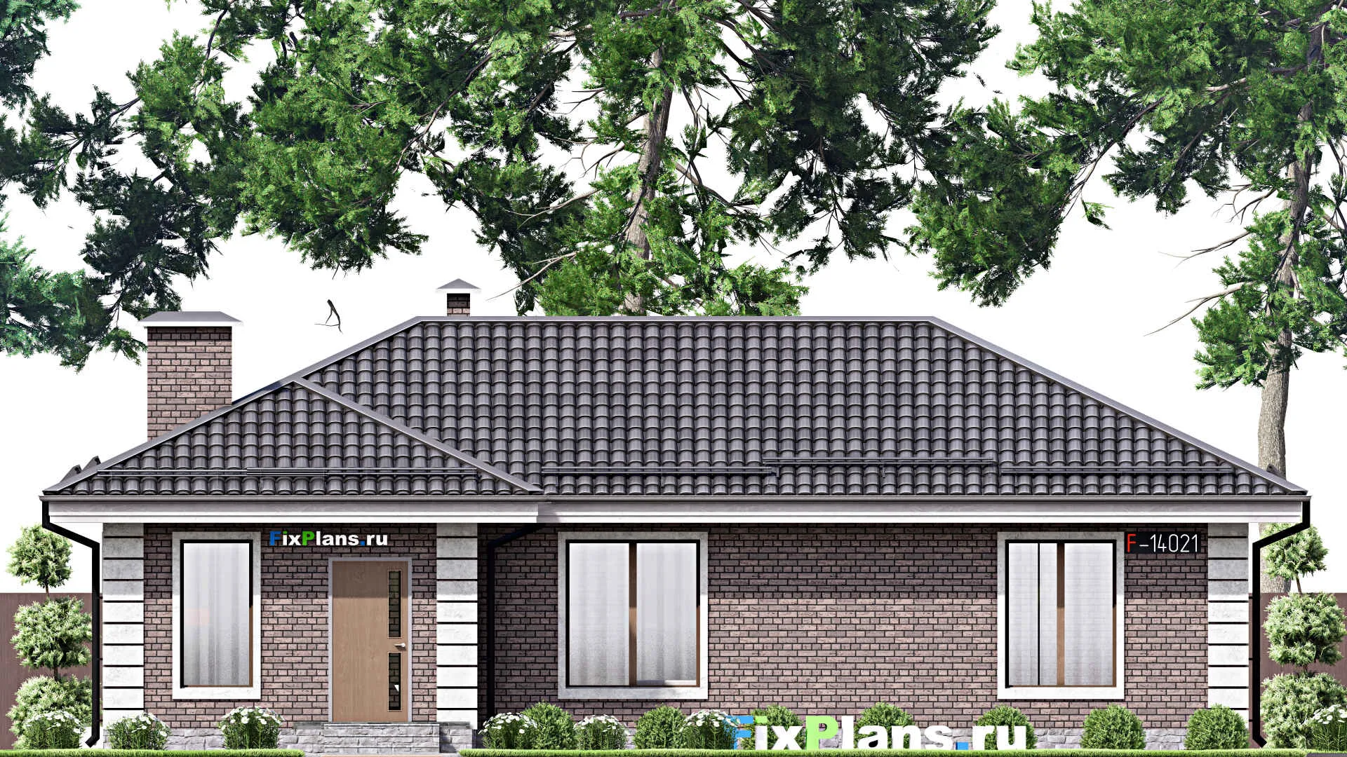 F-14021 - План одноэтажного дома 13 на 15, площадью 110 м² с террасой, баней и 3 спальнями