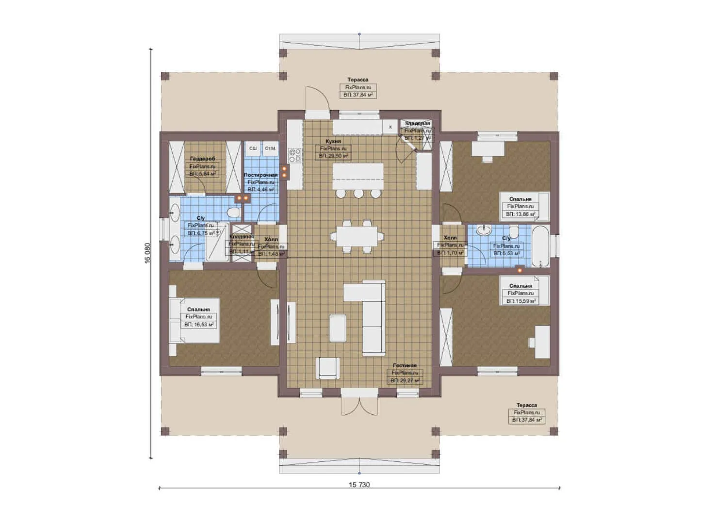 F-16388 - План одноэтажного дома 16 на 17, площадью 210 м² с 3 спальнями