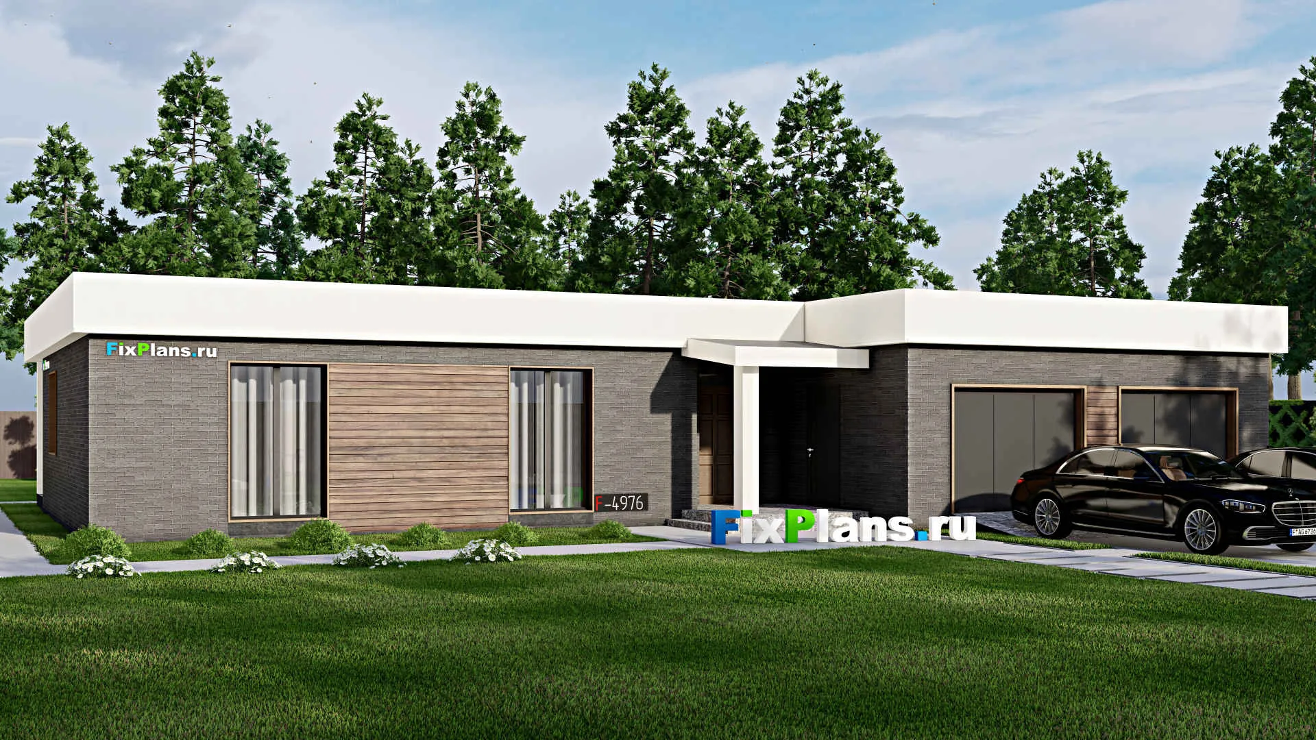F-4976 - Проект одноэтажного дома 15 на 20, площадью 210 м² с террасой, гаражом на 2 машины и 3 спальнями