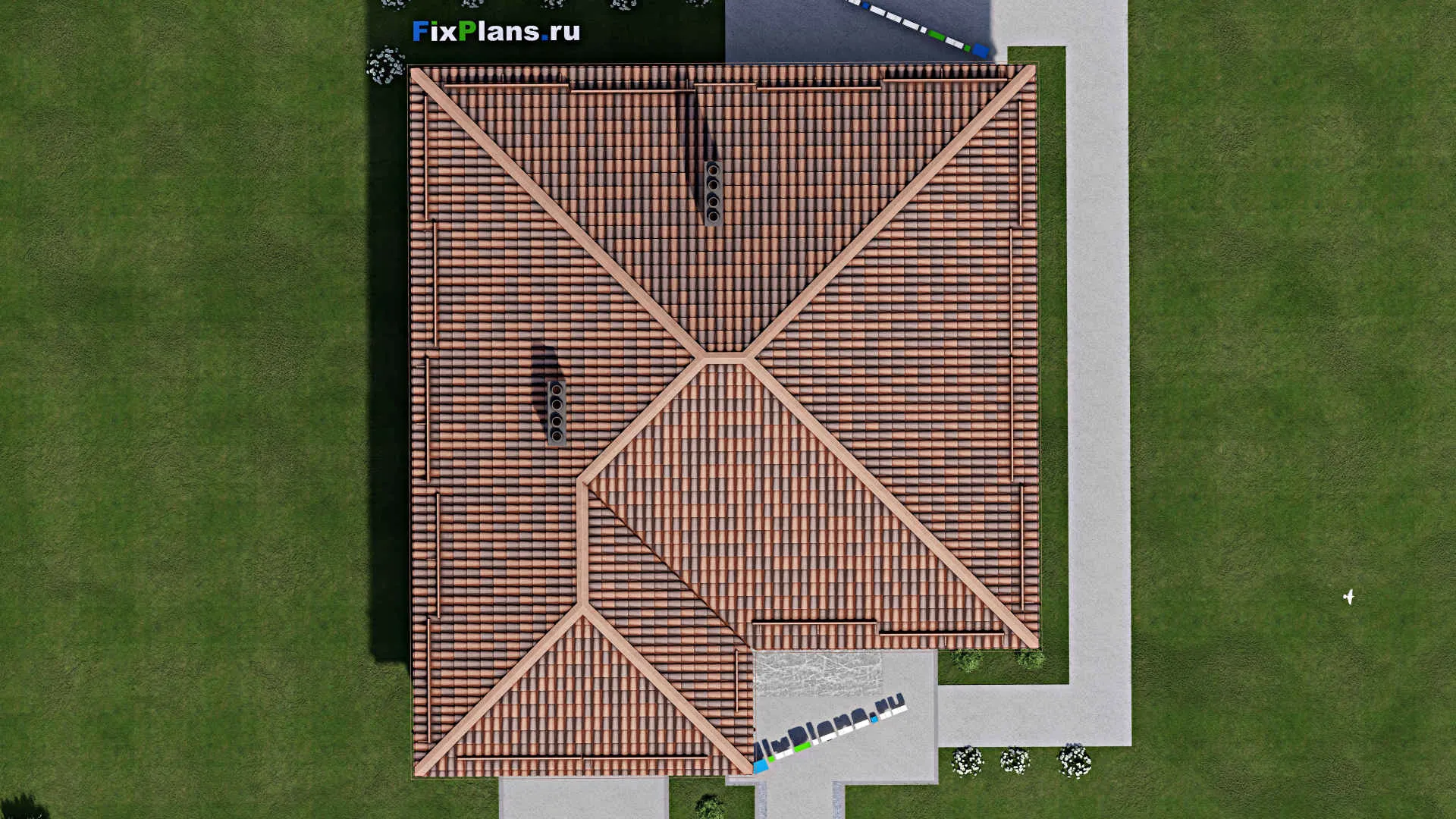 F-8009 - Проект одноэтажного дома 14 на 16, площадью 170 м² с террасой, гаражом на 2 машины и 2 спальнями