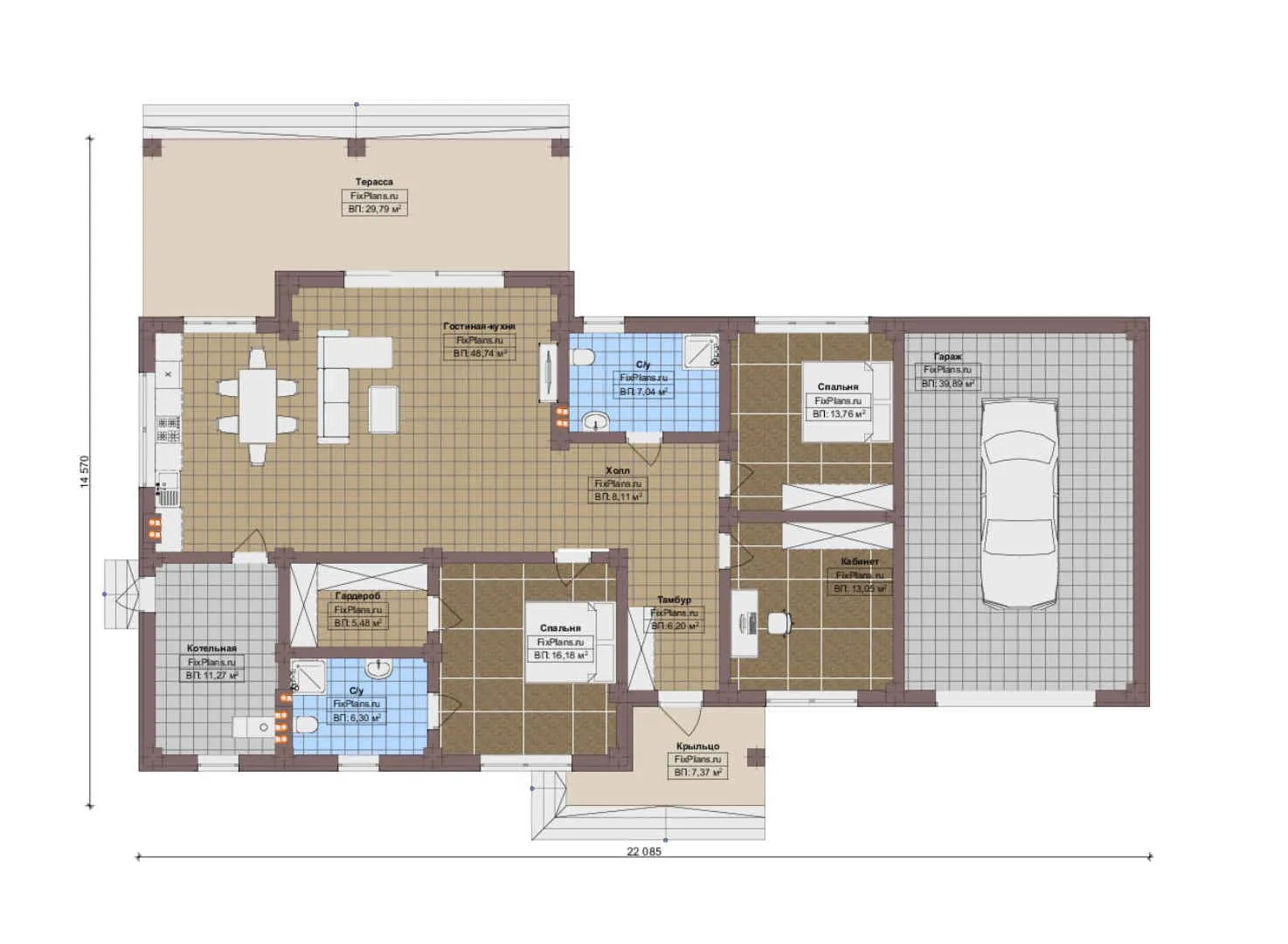 F-13139 - План одноэтажного дома 15 на 23, площадью 220 м² с террасой, гаражом на 2 машины и 2 спальнями
