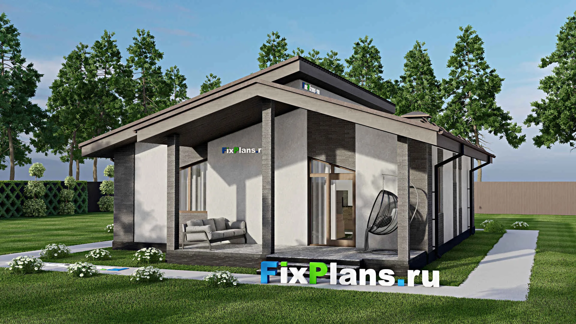 F-6335 - Проект одноэтажного дома 11 на 13, площадью 120 м² с террасой и 3 спальнями