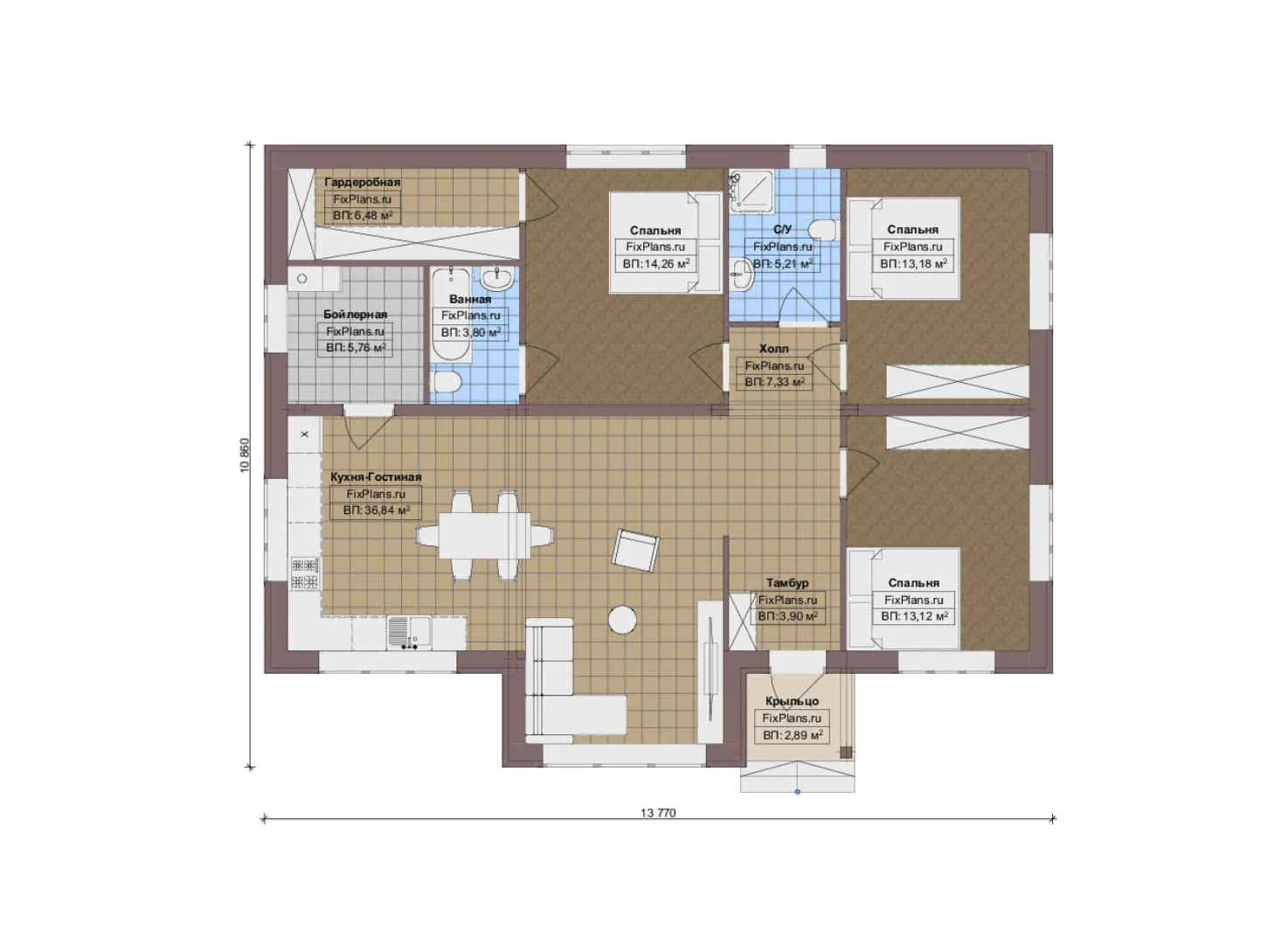 F-19160 - План одноэтажного дома 11 на 14, площадью 120 м² с 3 спальнями