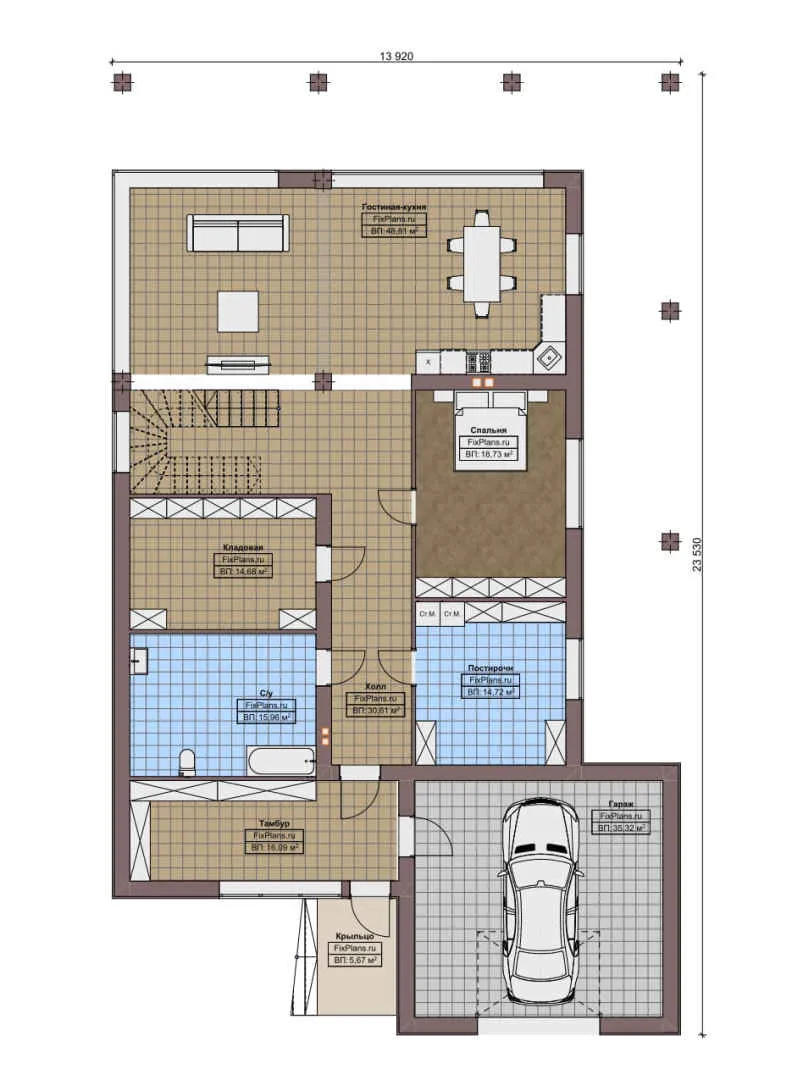F-8855 - Планы двухэтажного дома 14 на 24, площадью 440 м² с террасой, балконом, гаражом на 2 машины и 6 спальнями