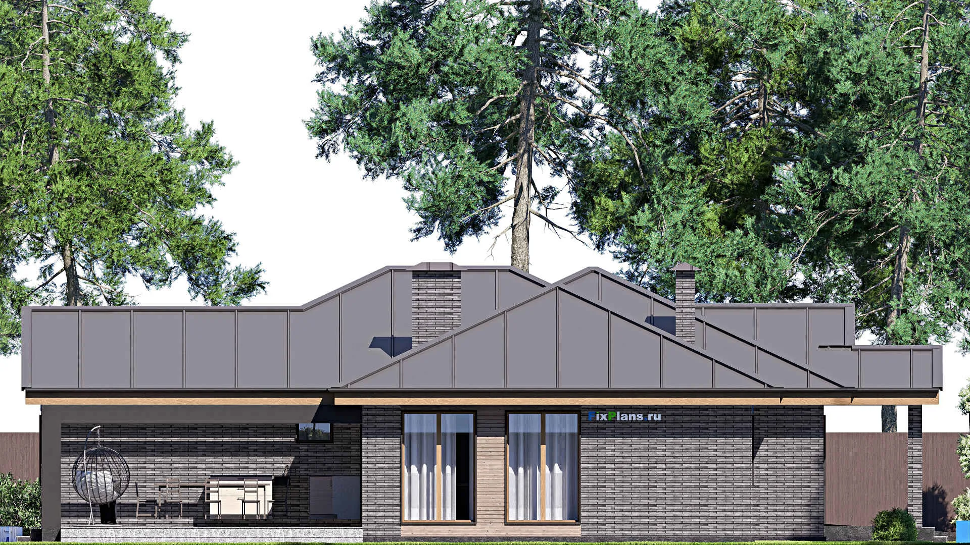 F-19403 - Проект одноэтажного дома 18 на 19, площадью 230 м² с террасой, гаражом на 1 машину и 4 спальнями