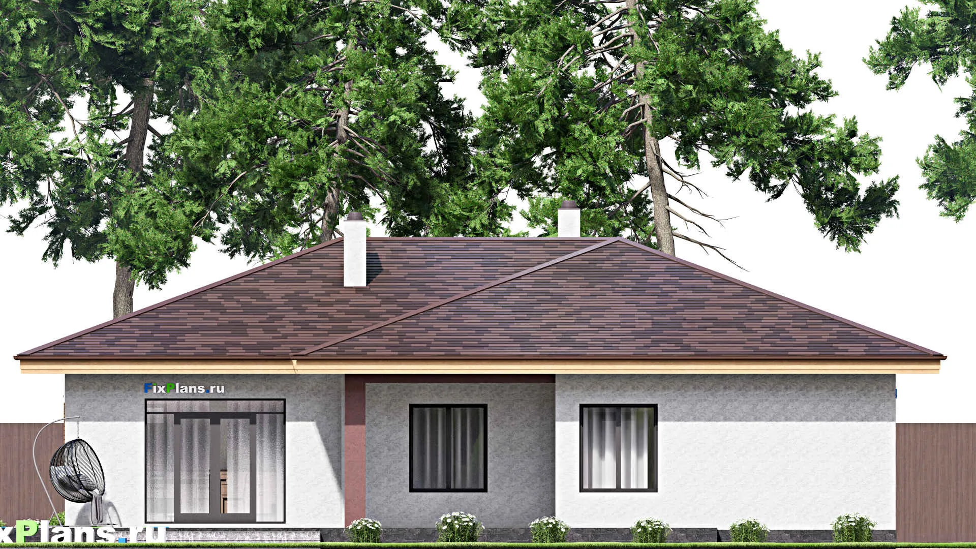 F-15902 - Проект одноэтажного дома 19 на 19, площадью 250 м² с террасой, гаражом на 1 машину и 3 спальнями