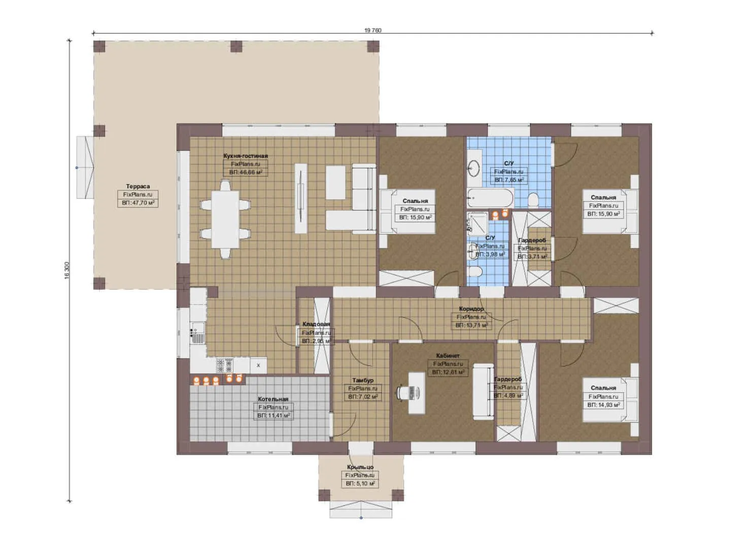 F-18161 - План одноэтажного дома 17 на 20, площадью 220 м² с террасой и 3 спальнями