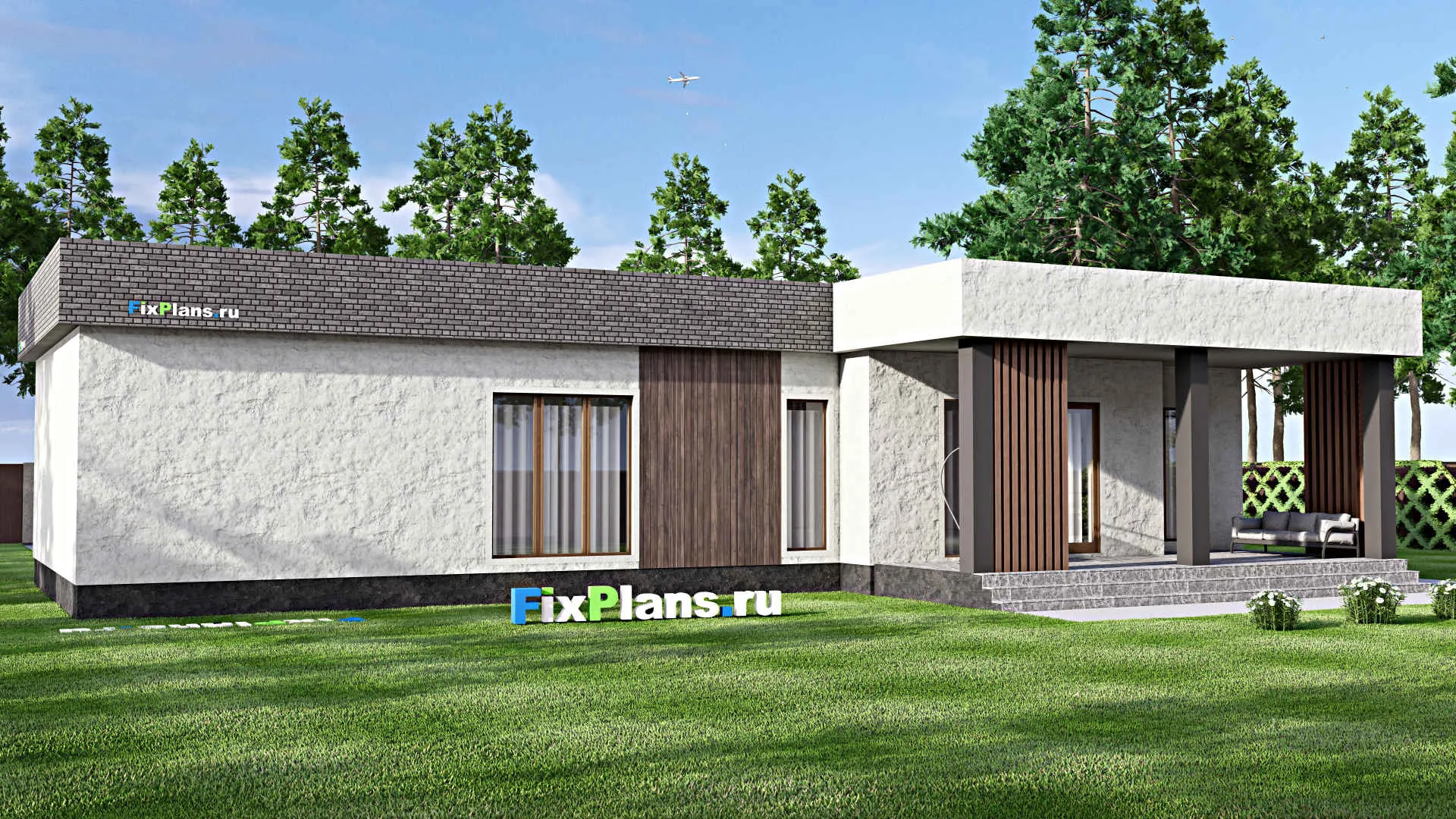 F-13139 - Проект одноэтажного дома 15 на 23, площадью 220 м² с террасой, гаражом на 2 машины и 2 спальнями