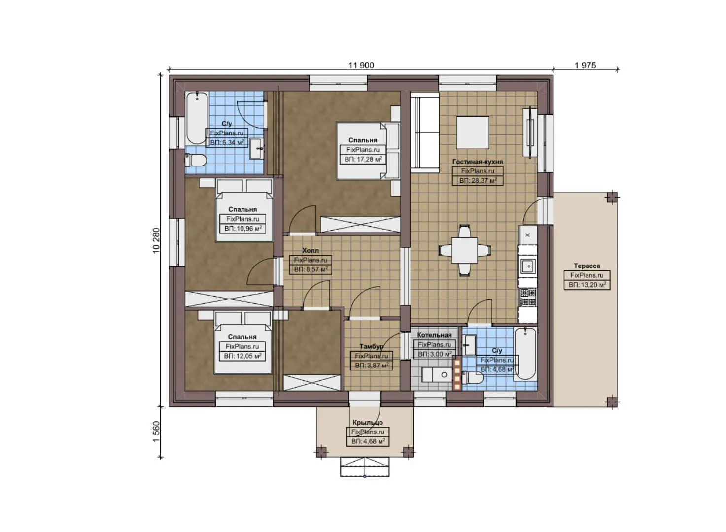 F-7739 - План одноэтажного дома 11 на 12, площадью 120 м² с террасой и 3 спальнями