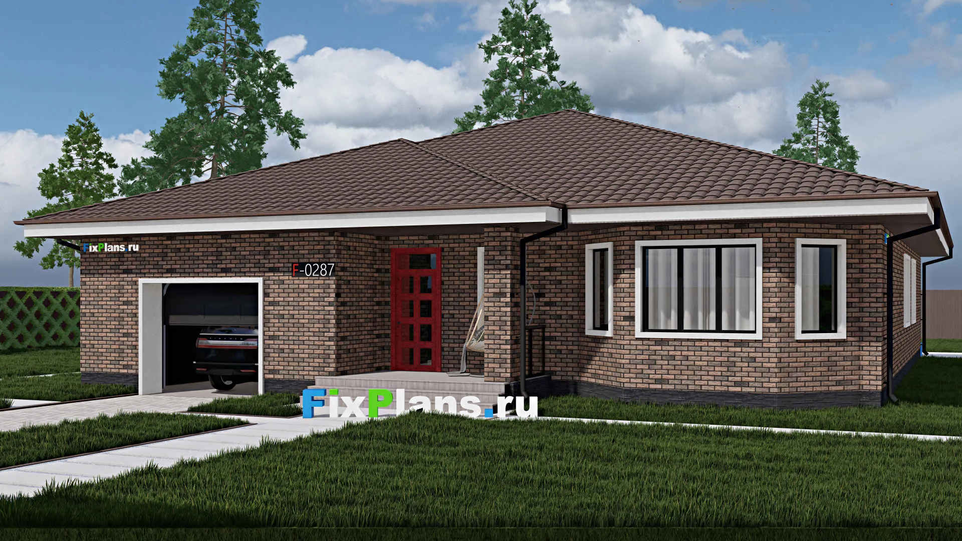 F-0287 - Проект одноэтажного дома 17 на 20, площадью 310 м² с террасой, гаражом на 2 машины и 3 спальнями