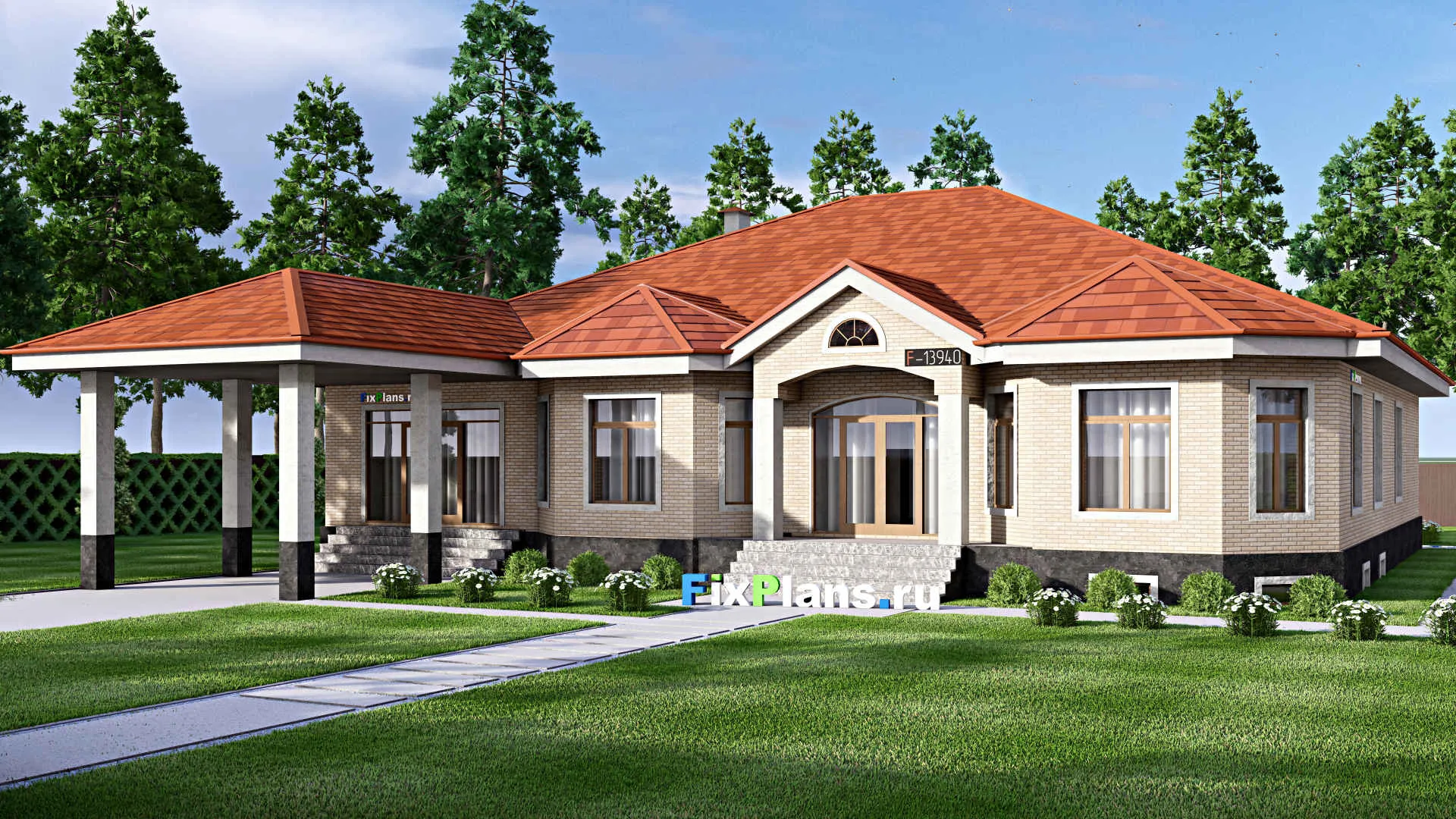 F-13940 - Проект одноэтажного дома 19 на 21, площадью 380 м² с террасой, цокольным этажом и 3 спальнями