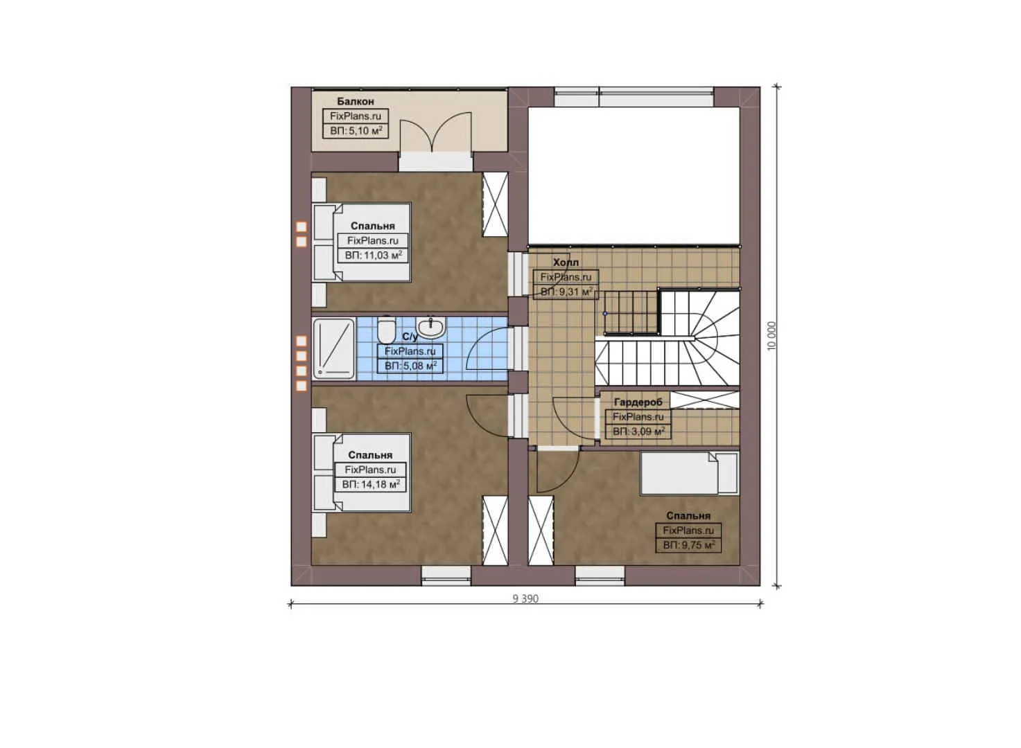 F-3851 - Планы дома с мансардой 10 на 10, площадью 180 м² с террасой, балконом и 4 спальнями