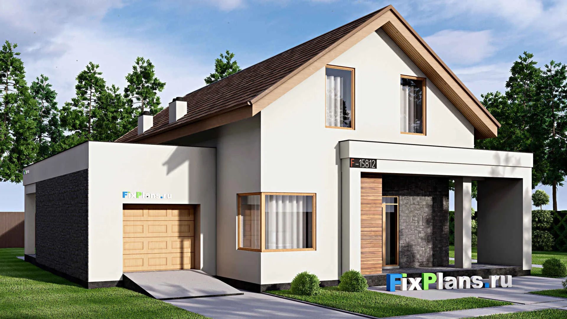 F-15812 - Проект дома с мансардой 17 на 19, площадью 300 м² с террасой, балконом, гаражом на 1 машину и 3 спальнями