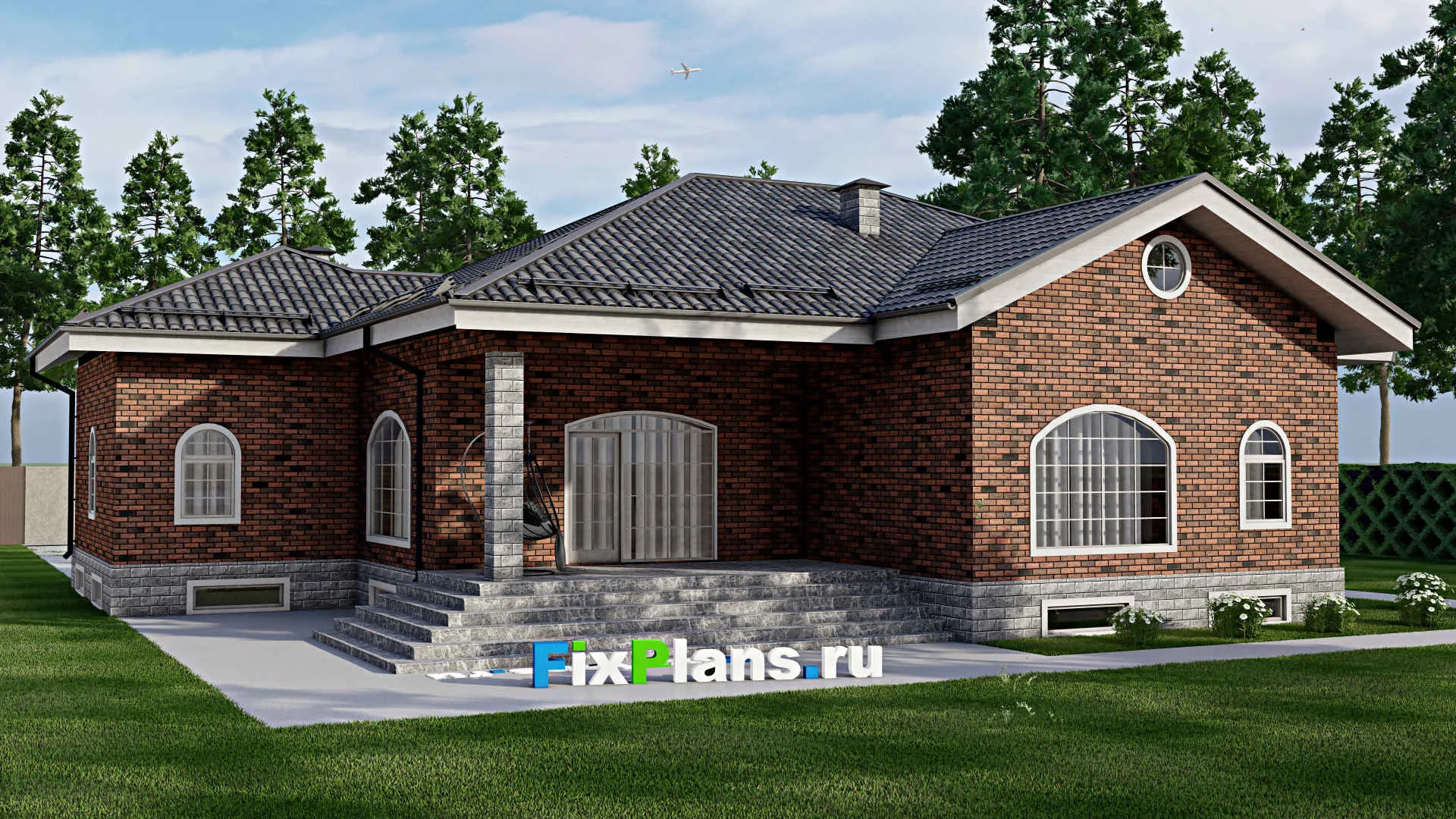 F-8720 - Проект одноэтажного дома 17 на 20, площадью 360 м² с террасой, цокольным этажом и 3 спальнями