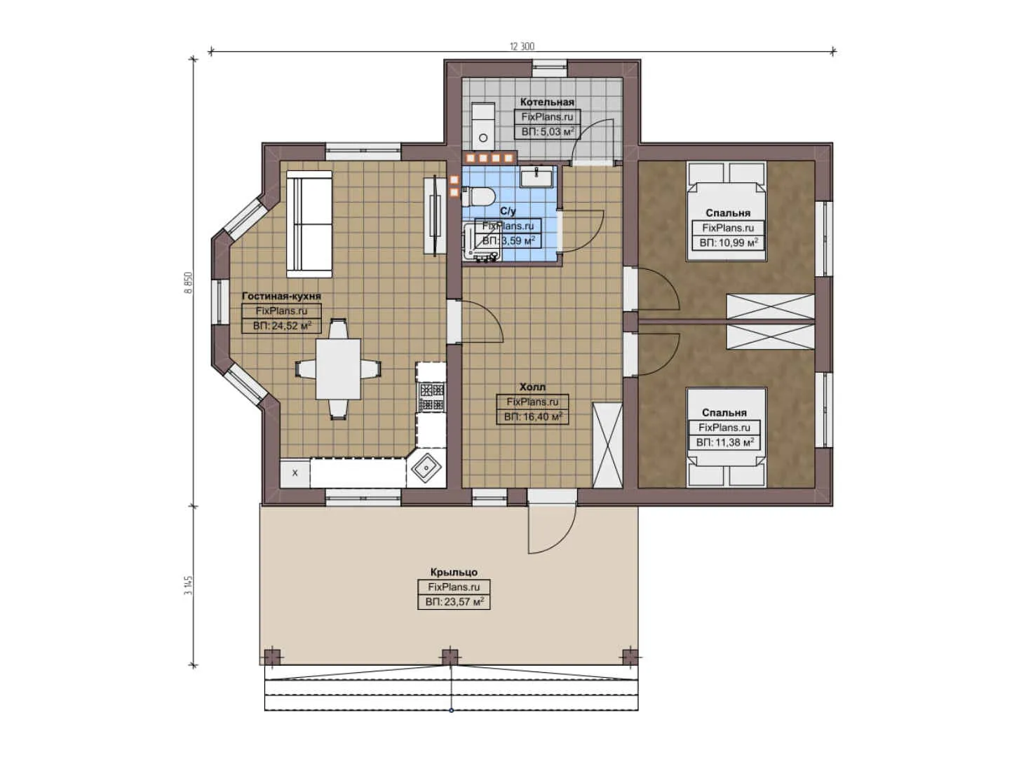 F-5048 - План одноэтажного дома 9 на 13, площадью 100 м² с 2 спальнями